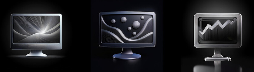 Fototapete - Three sleek computer monitors display abstract imagery: radiant light, flowing curves, and an upward trend line.  Dark background enhances the metallic gleam.