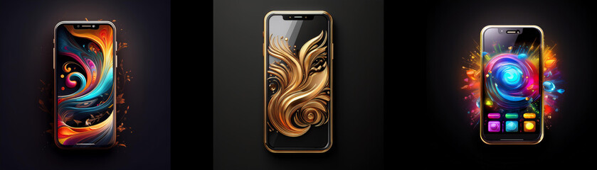 Leinwandbilder - Three smartphones displayed, each showcasing unique abstract designs; vibrant colors, swirling patterns, and metallic textures are featured.