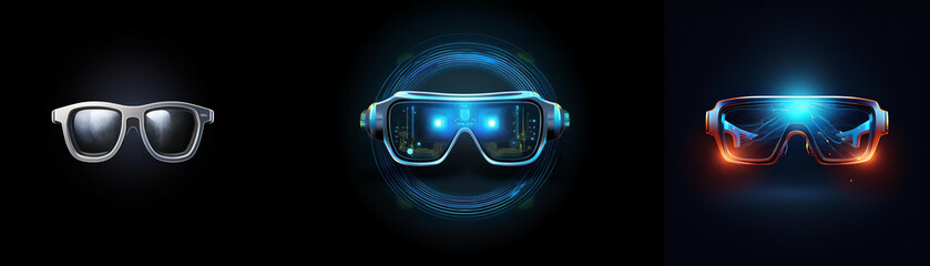 Aufkleber - Three futuristic eyewear designs on black background; classic sunglasses, glowing blue VR glasses, and vibrant orange AR glasses.  Modern technology, visual experience.
