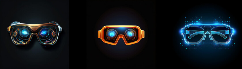 Aufkleber - Three futuristic virtual reality headsets in different colors glow against a dark background.  They represent advanced technology and immersive experiences.