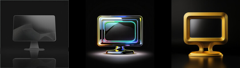 Leinwandbilder - Three stylized monitor displays in grayscale, iridescent, and gold, showcasing variations in digital screen design.