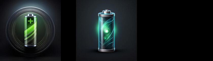 Poster - Two illustrations of battery charge levels; one partially charged, the other fully charged, glowing with energy.
