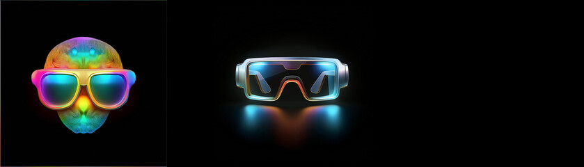 Aufkleber - A vibrant skull in colorful sunglasses sits beside futuristic glowing goggles against a dark background.  The image evokes themes of technology and style.
