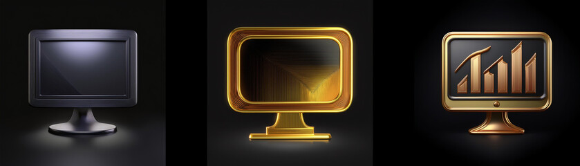 Poster - Three stylized computer monitors; one dark gray, one gold, and one bronze displaying a bar graph.  The monitors stand on dark background.