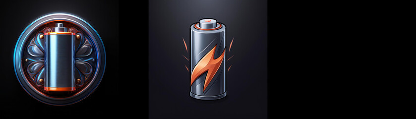 Poster - Two stylized battery icons; one encased in a circular frame, the other emitting energy sparks.  Power, energy, and charging concepts are visually represented.