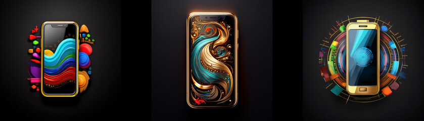 Poster - Three smartphones showcased with vibrant, artistic backgrounds.  Each phone displays a unique, abstract design.  Gold accents highlight the devices.