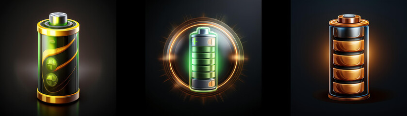 Poster - Three stylized battery icons glow against a dark background, showcasing different energy levels and designs.  One is green, another displays a charging animation, and the third is copper-toned.