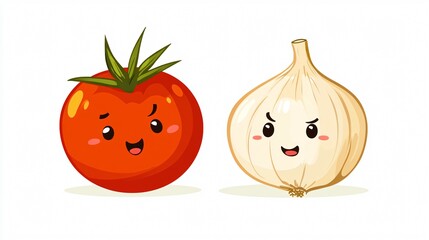 Wall Mural - Adorable Happy Tomato and Sad Garlic Characters Icon for Food Concepts