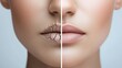 © ME_Photography - A close-up view highlights the stark contrast between dry, cracked lips and well-hydrated, smooth lips. This medical assessment illustrates the importance of proper lip care and hydration.