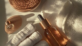 Scented oils and skincare products are neatly arranged alongside plush towels in a calming atmosphere, inviting relaxation and self-care at a serene spa
