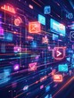 © Johannes - Conceptual illustration of digital content marketing with floating media icons and neon light interfaces, symbolizing online engagement, multimedia content, and data-driven marketing illustration