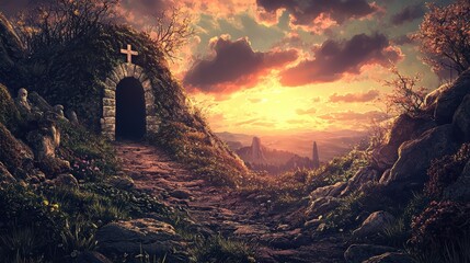 Wall Mural - Stone tomb with cross at sunrise in a serene landscape..