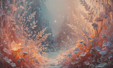 Poster - Snowy landscape with a path through a field of flowers. The flowers are pink and white. The snow is white and covers the ground