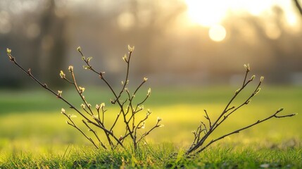 Aufkleber - Branches resting on the grass showcase the beauty of the grass illuminated by evening sunlight, creating a serene atmosphere with a beautifully blurred background.