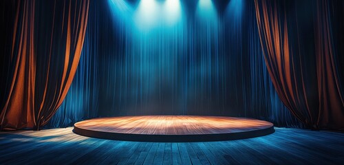 Wall Mural - Rich curtains frame a blue circular stage with soft spotlighting.