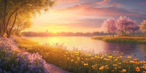 Poster - Grass flowers bloom beautifully near a road and canal, creating a stunning scene at sunset, where the vibrant colors of the grass flowers shine against the tranquil backdrop of nature.