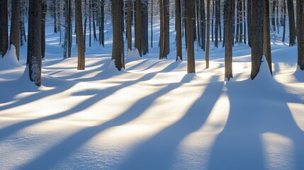 Aufkleber - Shadows dance among the sun kissed snow covered woods, creating a serene atmosphere in the peaceful landscape of snow covered woods. The interplay of shadows and sunlight enhances the beauty of the
