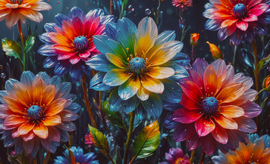 Poster - Colorful bouquet of flowers with a blue flower in the middle. The flowers are in a vase