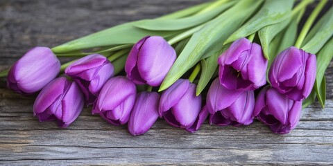 Aufkleber - Vibrant purple tulips arranged on a rustic wooden surface create a stunning visual. These purple tulips add a touch of elegance and beauty to any setting, making them a delightful focus.