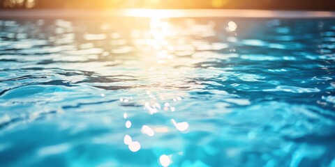 Poster - Defocused abstract view of shimmering blue water in a swimming pool under the warm sunlight creates a captivating atmosphere. The blue water glistens, enhancing the abstract quality of the scene.