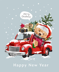 Wall Mural - Christmas card with bear doll and Christmas tree on truck vector illustration 