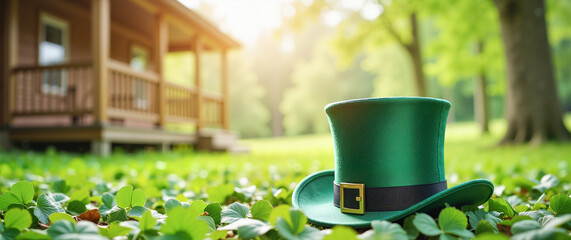 Lone green leprechaun hat on clover-covered cabin porch, festive charm. St. Patrick's Day Banner or Greeting Card