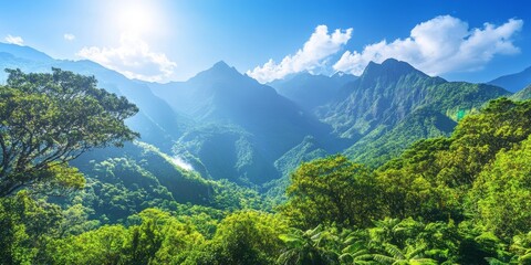 Aufkleber - Stunning mountains and lush trees create a vibrant landscape under a bright blue sky, offering a comfortable and picturesque view of nature s beauty in the mountains.