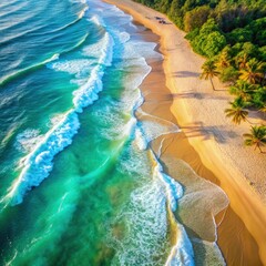 Poster - Stunning Aerial View of Turquoise Sea With White Waves. Generative AI