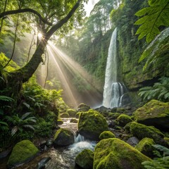 Poster - Lush Tropical Rainforest With Cascading Waterfall at Sunrise. Generative AI