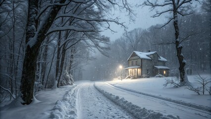 Poster - Snowy Night Around a Cozy Isolated House in the Woods. Generative AI