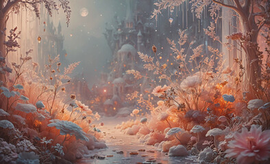 Poster - Painting of a snowy forest with a castle in the background. The castle is surrounded by trees and flowers