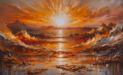 Fototapete - Beautiful painting of a sunset with a large sun in the sky. The sun is positioned in the center of the painting, and the sky is filled with vibrant colors. The ocean is visible in the background