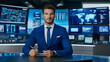 © Ariba - A professional TV anchor reports on politics, science, and business from a modern newsroom. Covering the economy, the presenter leads the evening news on a cable broadcast network.