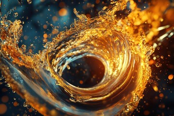 Wall Mural - captivating swirl of golden water droplets creating dynamic movement in a dark backdrop