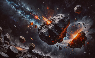 Wall Mural - space scene with a large rock in the middle and many smaller rocks surrounding it. the rock is surro