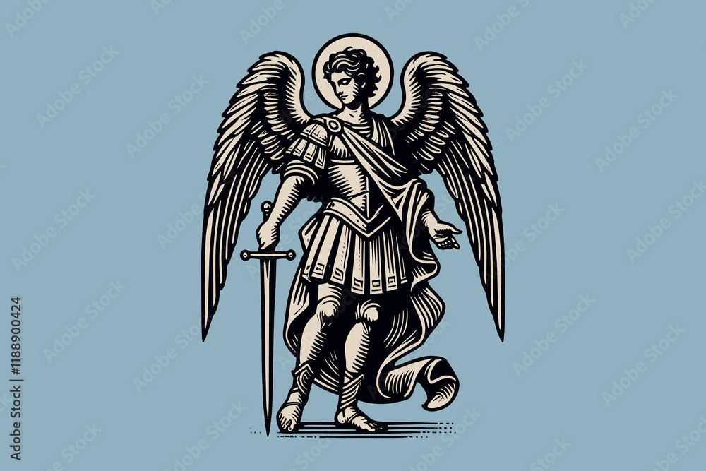 Vintage black and white engraving of Archangel Michael with a sword ...