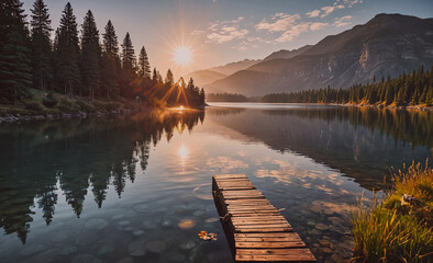 Poster - Wooden dock is on the water next to a lake. The sun is shining on the water, creating a beautiful reflection