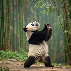 Wall Mural - Panda Dancing Among Bamboo During a Sunny Day. Generative AI