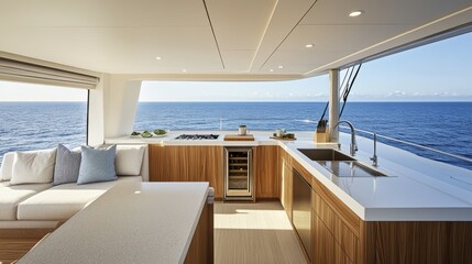 Wall Mural - Modern Yacht Galley with Wood Cabinets, Ocean View, Stainless Steel Appliances, and Open Design.