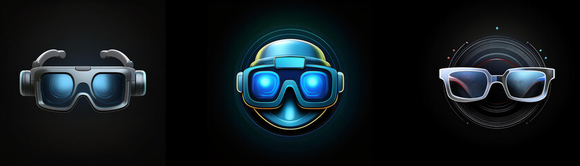 Aufkleber - Futuristic eyewear designs: sleek, modern goggles and glasses with glowing lenses.  Perfect for virtual or augmented reality.