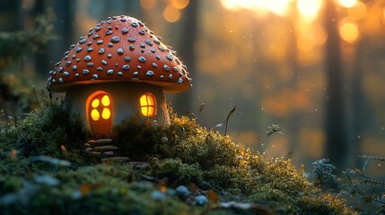 Wall Mural - Enchanting miniature mushroom house glowing at sunset in a mossy forest.