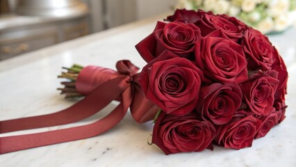 Sticker - Elegant Bouquet of Deep Red Roses With Satin Ribbon. Generative AI