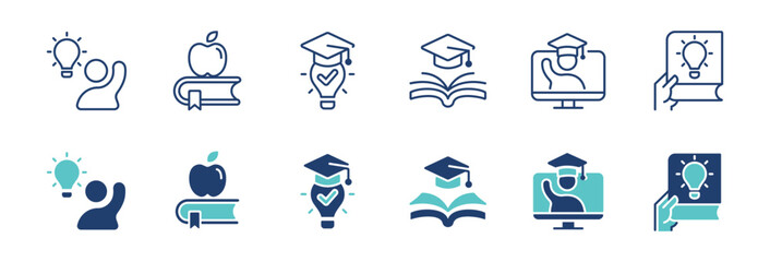 Aufkleber - knowledge cognition icon line set smart student intelligence achievement with graduation cap and lightbulb book signs vector outline illustration