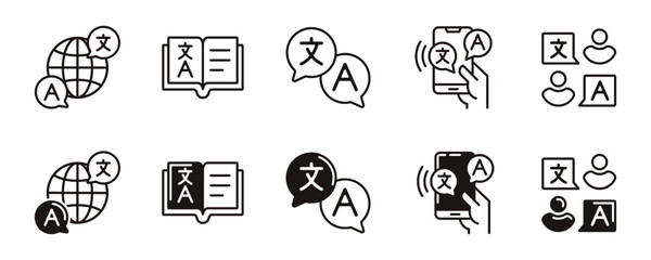 Poster - language translate icon line set online global international communication dictionary translation signs vector outline illustration