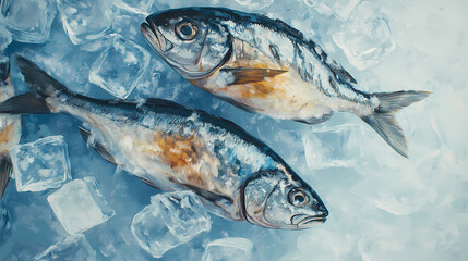 Frozen sea fish and seafood placed on ice cubes in the middle of an empty space. Seawood. Illustration