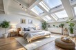 © ChannelPIC - Skylight-lit Scandinavian bedroom: white bed, minimalist design, bright lighting, cozy and modern.