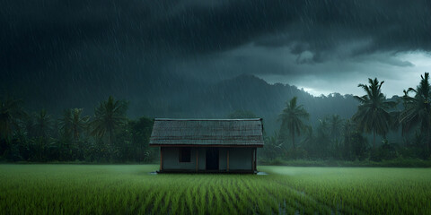 Solitary house in a lush green paddy field during a heavy downpour, dramatic clouds overhead.