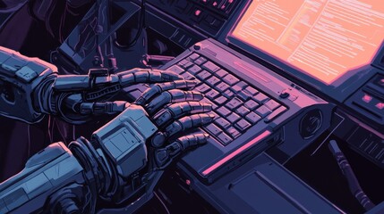 robot hand typing on the computer. the concept of artificial intelligence replacing a human in deali
