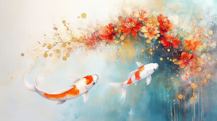 Poster - China style art, A tranquil scene featuring koi fish swimming in a pond, captured in high fidelity, showcasing serene natural beauty and vibrant colors.