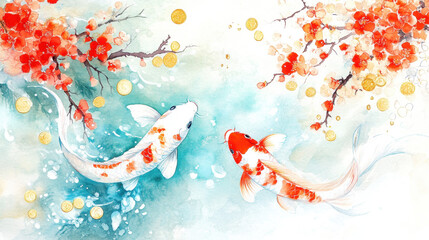 Poster - China style art, A serene view of koi fish swimming in a pond, showcasing vibrant colors and tranquil scenery, perfect for relaxation and nature themes.